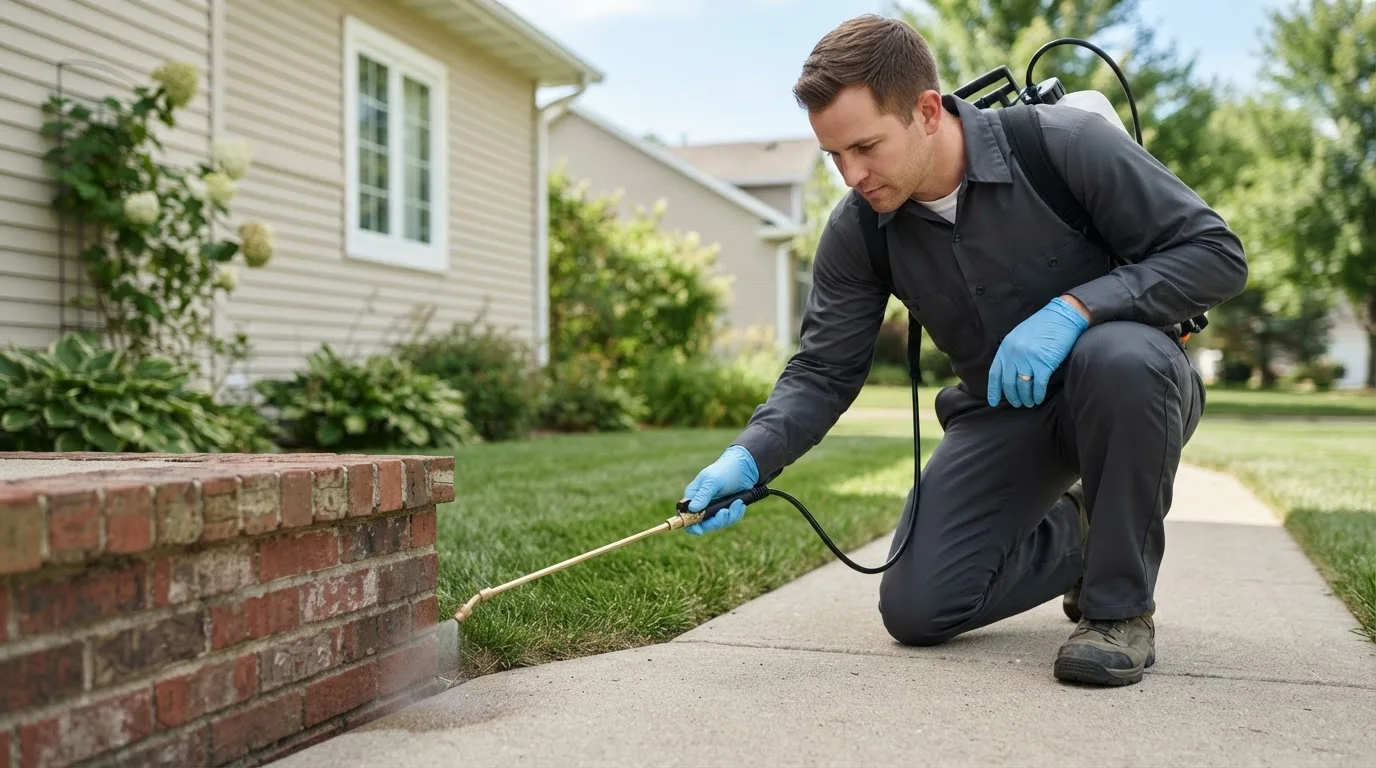 Pest control technician treating a home near Bidwell, OH