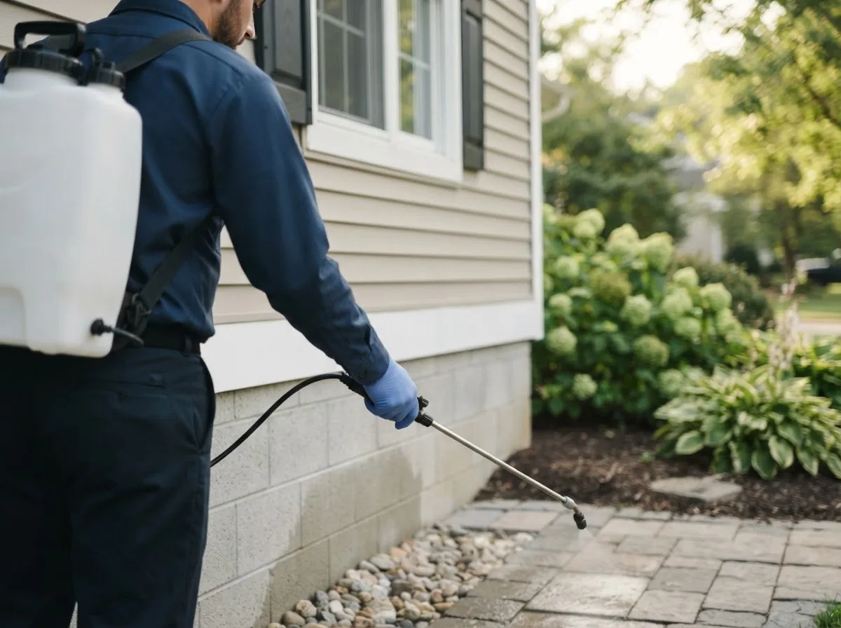 Pest control technician inspecting a home in Bidwell, OH